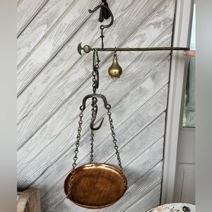 Antique Brass Iron Balance Beam Hanging Scale 10" Copper  Pan EARLY 1900s